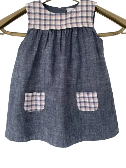 The Little White Company Denim Blue Pink Check Dress Age 9-12 Months Immaculate