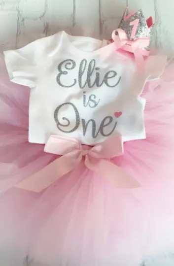 Personalised Baby Girls First 1st Birthday Outfit Tutu Crown Baby Pink & Silver