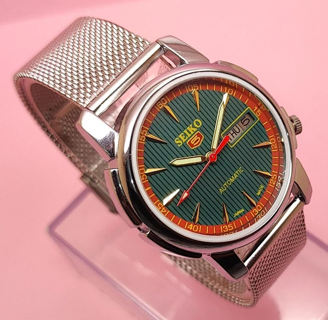 Vintage Seiko 5 Automatic 17J Men Wrist Watch 7009 Green Stripped Dial Day Date