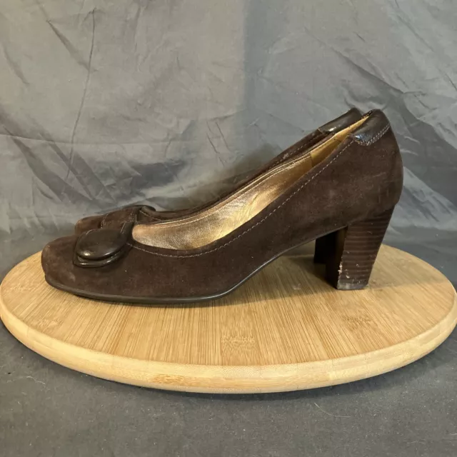 ECCO Hanna Button Pump Women's 8/39 Coffee Brown Suede Block Heel Shoes