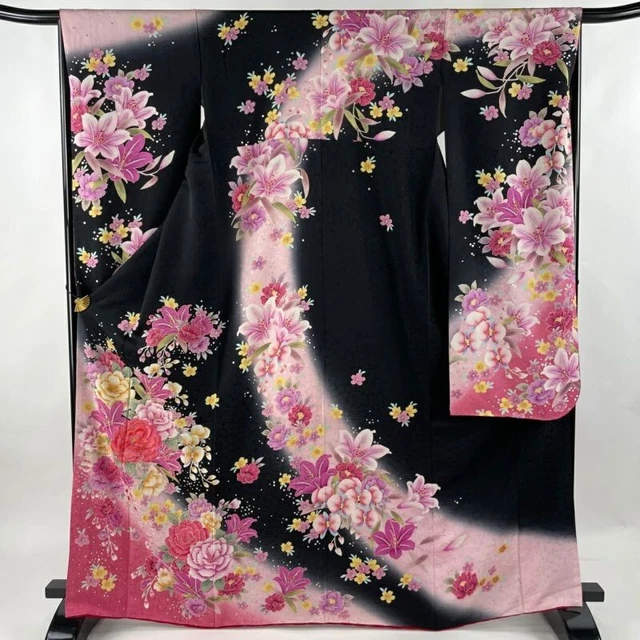 Woman Japanese Kimono Furisode Silk Peony Lily Gold Silver Foil Black