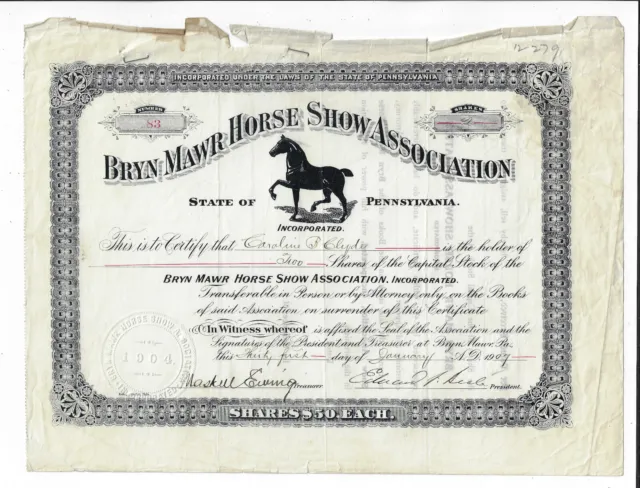 PENNSYLVANIA 1907 Bryn Mawr Horse Show Association Stock Certificate