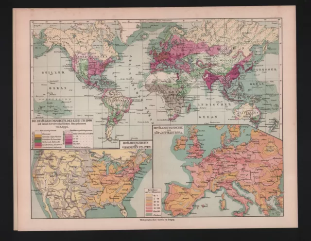 Landkarte map 1908: Die Bevölkerungsschichten der Erde um 1900. USA Europa