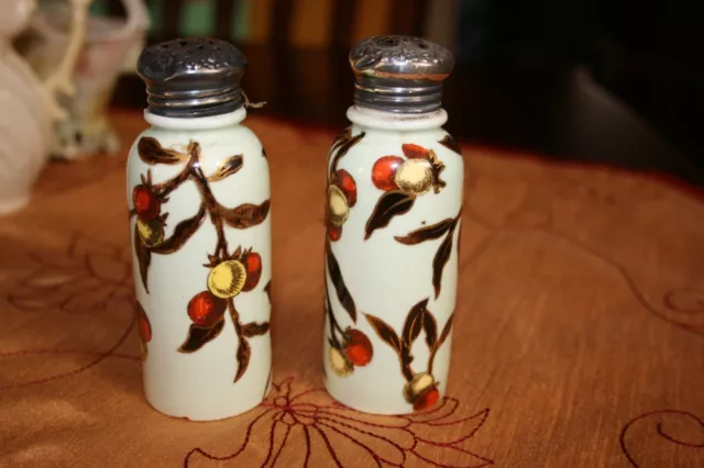 Antique 19th C Chinese/Eng 'Pillar' S/P shakers Hand Paint/ Red 'B' mark S/S cap