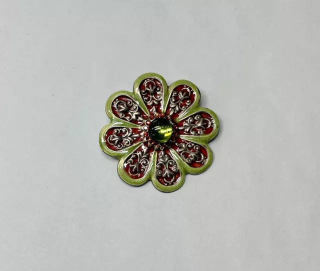 Anne Koplik Pin Victorian Syle Crystal Enamel Green and Red Vintage Signed