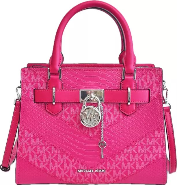 Michael Kors Hamilton Small Satchel Mk Logo Snake Embossed Bag Electric Pink