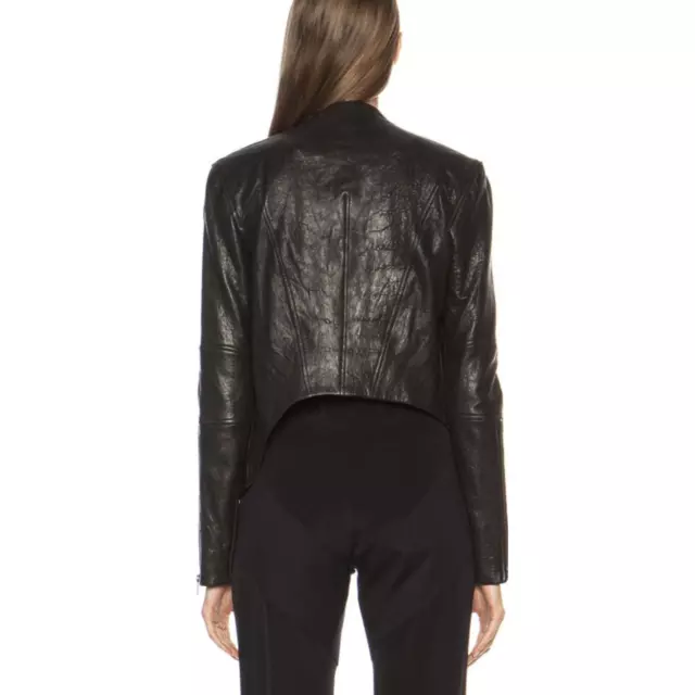HELMUT LANG BLACK Blistered Asymmetric Crop Leather Jacket | Size M ...