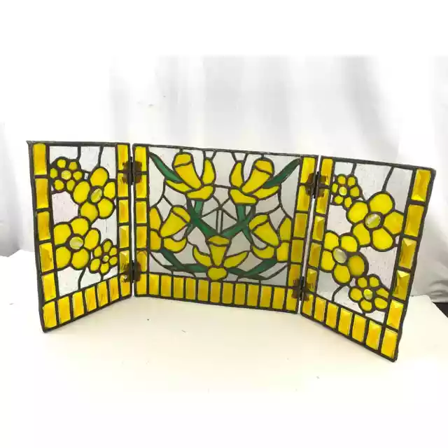 3 Panel Yellow Floral Primrose Tiffany Style Stained Glass Fireplace Screen 28"