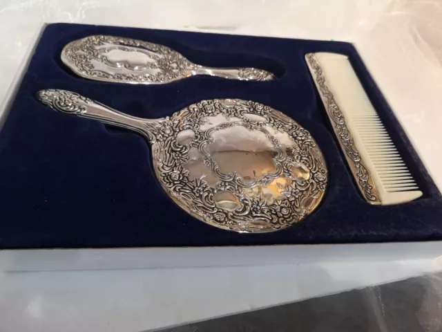 Nostalgia, Exquisite Boxed  Vanity  Hair Brush, Mirror And Comb . Silver Plated.