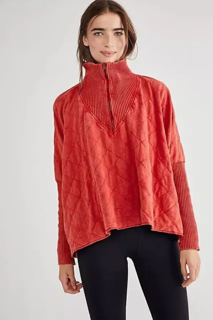 Free People Fp One Shiloh Sweatshirt Pullover Zip Red Oversized Ribbed NWD M