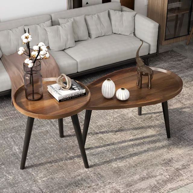 2PCS Mid-Century Coffee Table Set Solid Wood Nesting Tables Accent Ottoman Table