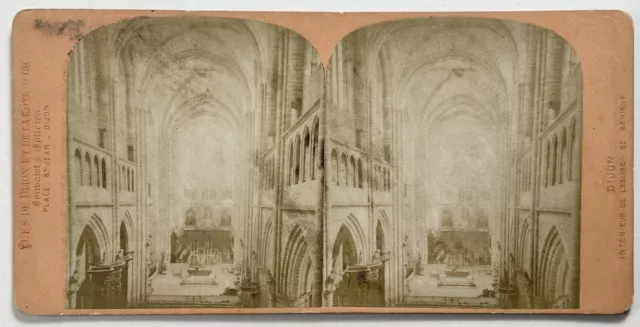 FRANCE Dijon Eglise Saint-Bénigne Interieur c1870 Photo Stereo Vintage Albumine 