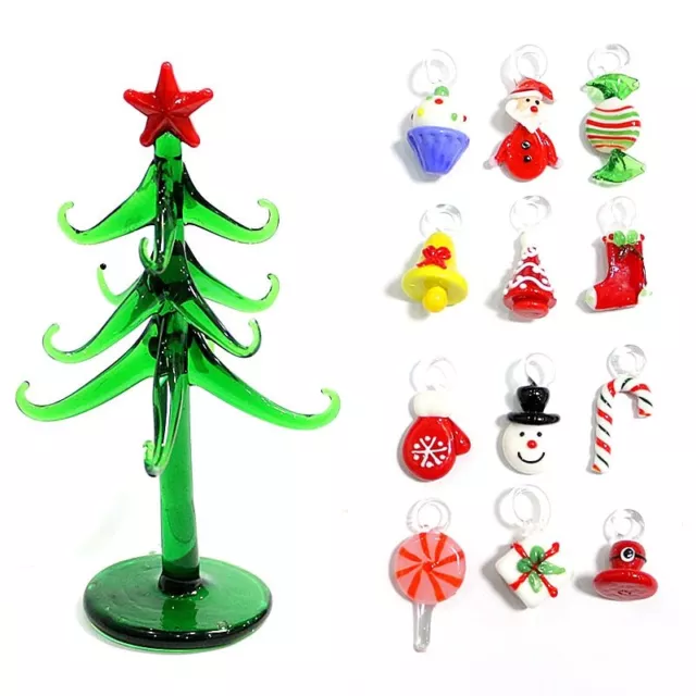 Glass Christmas Tree 12 Hang Ornaments Mini Xmas Stained Glass Green Tree