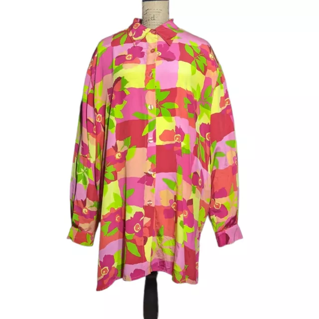 Camisa Diane Von Furstenberg 3X 100 % seda color floral bloque globo manga larga