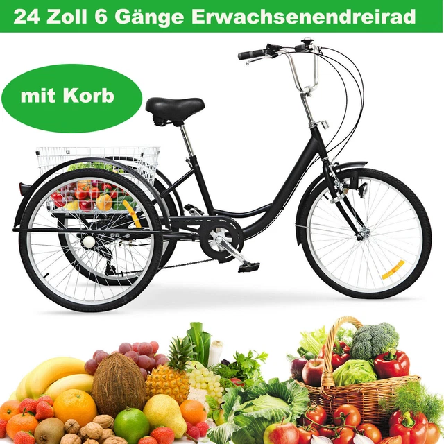 OU BEST CHOOSE Erwachsenendreirad 24 Zoll – 6-Gang, Mit Korb & Licht, Für Senioren, Rot, Max. 110 Kg