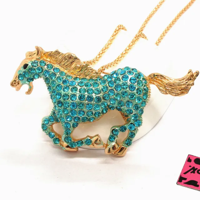 New Betsey Johnson Blue Crystal Bling Horse Animal Women Pendant  Necklace
