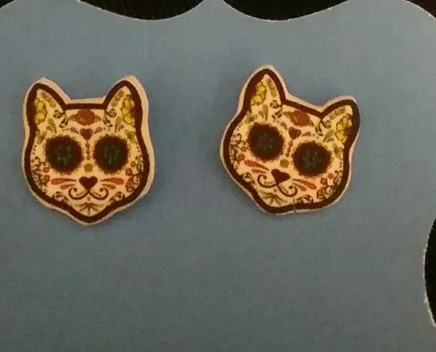 skeleton Cat day of the dead Dia De Los Muertos stud / post Halloween Earrings