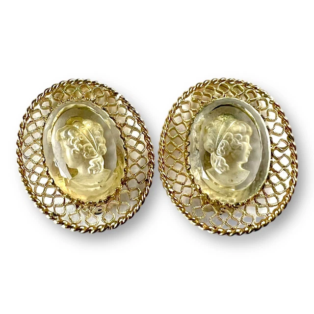 Whiting & Davis 1960s Cameo Glass and Gold Tone Clip Earrings -Stunning