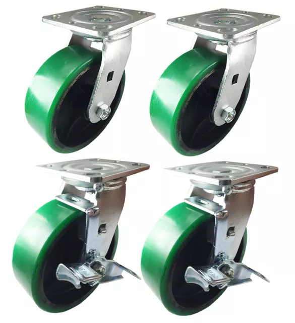 6" x 2"  Polyurethane on Cast Iron (Green) - 2 Swivels & 2 Swivels with Brake