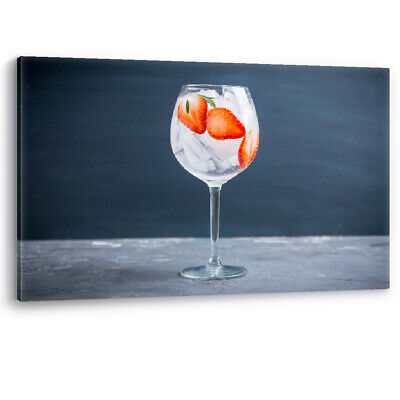 Gin with Strawberry and Ice in Glass Framed Luxury Canvas Wall Art Picture Print