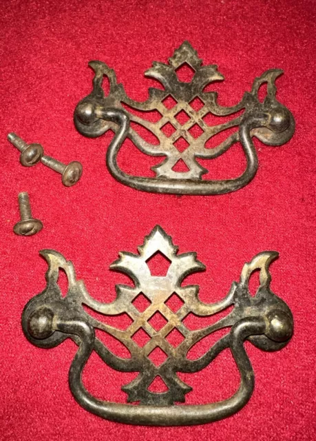 Pair of Vintage Ornate Brass Drawer Pulls 3” Center Only 3 Screws