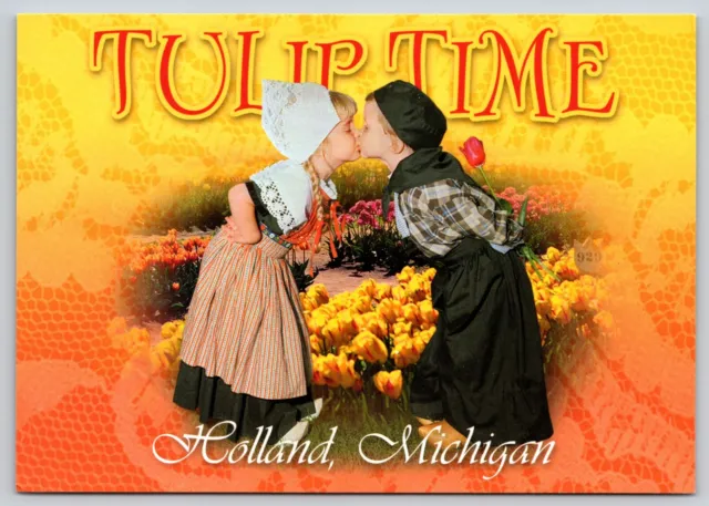 Postcard Tulip Time Holland Michigan Dutch Children Kissing Tulip Festival