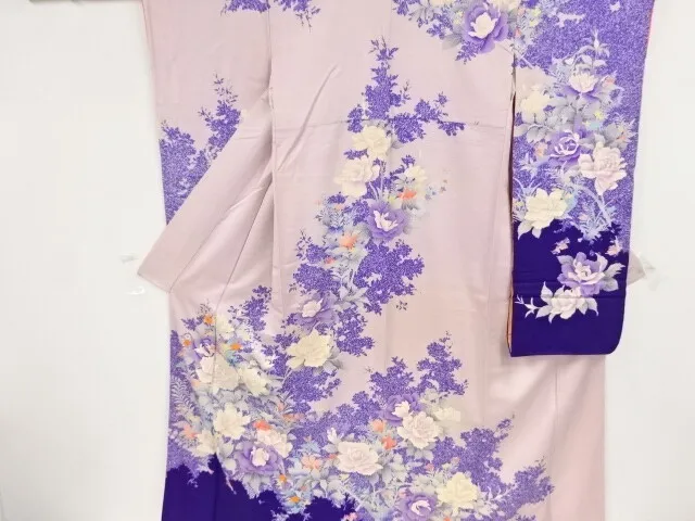 80730# Japanese Kimono / Antique Furisode / Embroidery / Rose