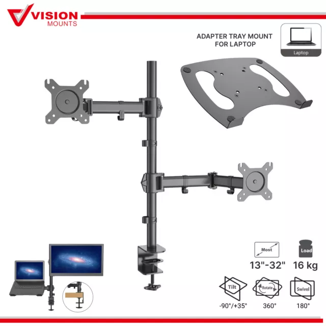 Dual Monitor Stand Mount + Tray Adapter for Laptop Desk Screen Holder Bracket