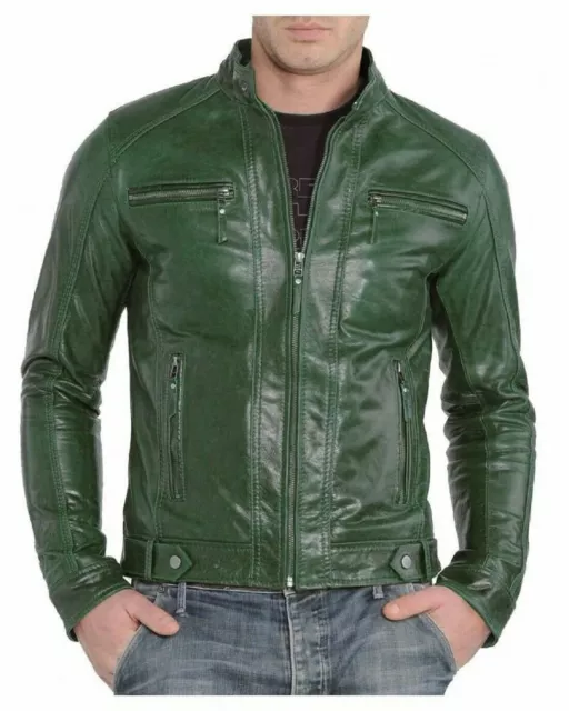 Mens Green Leather Jacket Genuine Lambskin Zipper Up Biker Motorcycle Slim Coat
