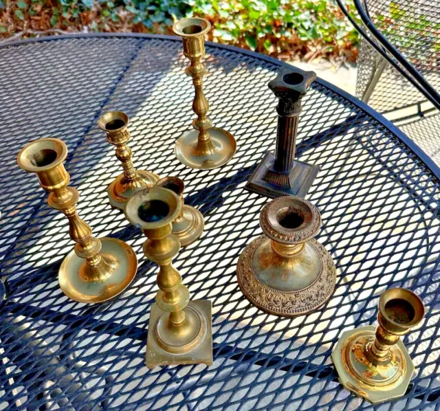 Lot Of 8 Vintage Brass Candlestick Holders 1 pair- eclectic lot