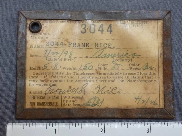 AMERICAN SHEET AND TIN PLATE Co.-Identification Card-1926-Frank Nice
