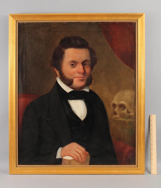 Antique American Folk Art Portrait Oil Paintings 19thC Medical Doctor w/ Skull Antique American Folk Art Portrait Oil Paintings 19thC Medical Doctor w/ Skull