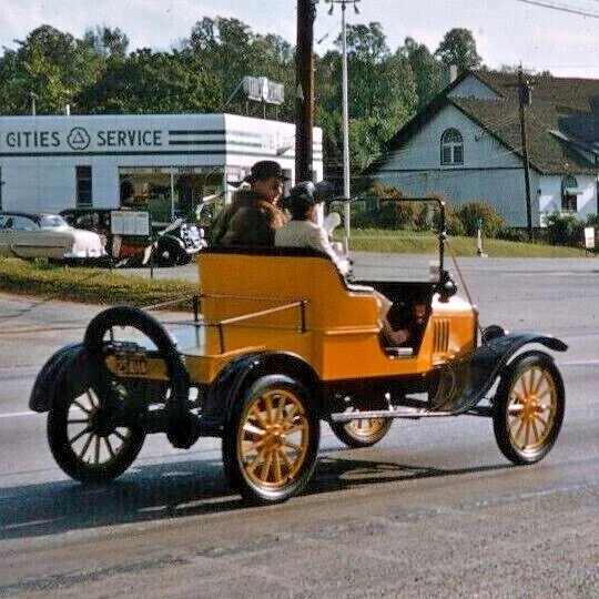 1950s Cities Services Gas station & Model T Roadster Red Kodachrome 35mm slide