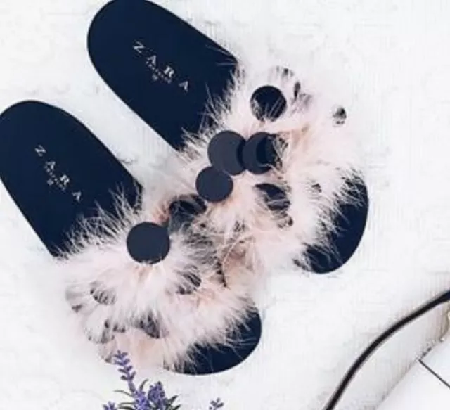 ZARA PINK FLUFFY Feathers Embellished Mule Slides Flat Sandals