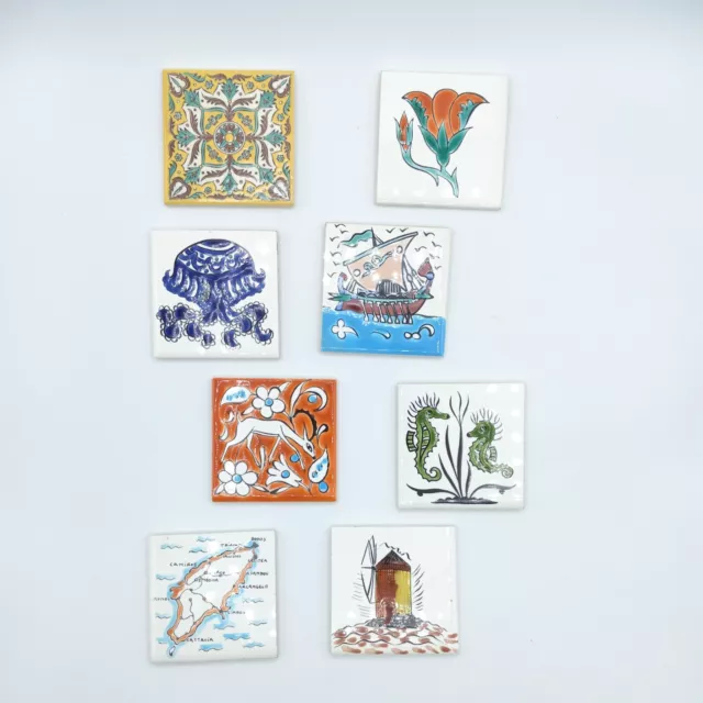 Vintage Lot of 8 Small Decorative Ceramic Tiles Krocs? Pottery Greece 3"x 3" LH