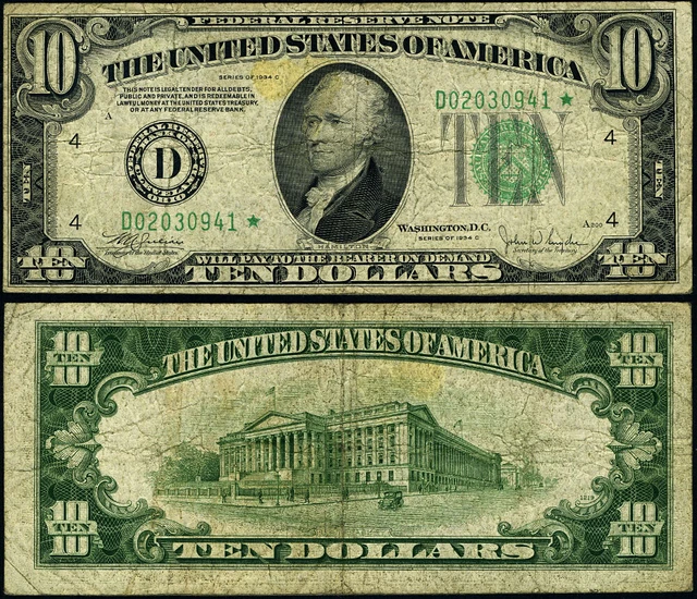 FR. 2008 D* $10 1934-C Federal Reserve Note Cleveland D-* Block Fine Star