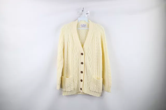 Vtg 70s Streetwear Womens S Chunky Cable Knit Donegal Fisherman Cardigan Sweater