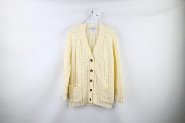 Vtg 70s Streetwear Womens S Chunky Cable Knit Donegal Fisherman Cardigan Sweater