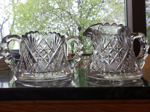 Sugar Bowl Creamer American Brilliant Cut Glass Crystal Pitkin & Brooks "Gala"