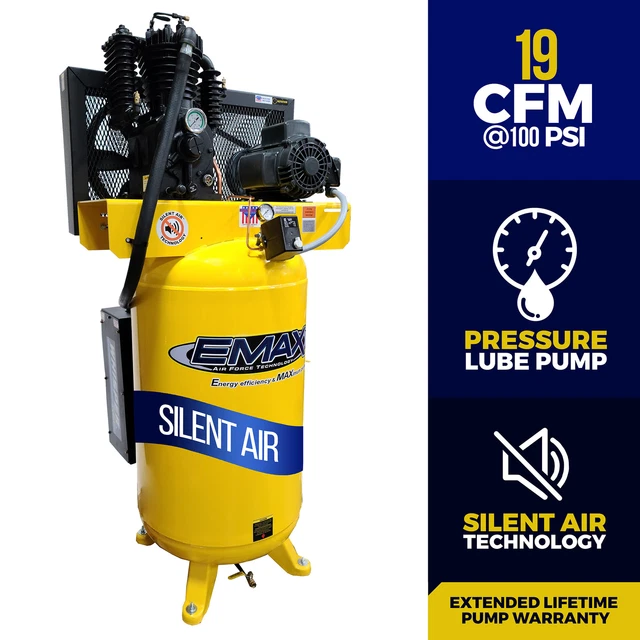Emax Industrial Silent Air 1PH Vertical Air Compressor Horsepower 5 HP Air Tank