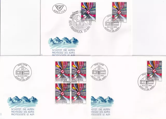 Schweiz, kleine Sammlung der Nr. 1477, 3 FDC, EF, MeF Viererblock und mit Österr