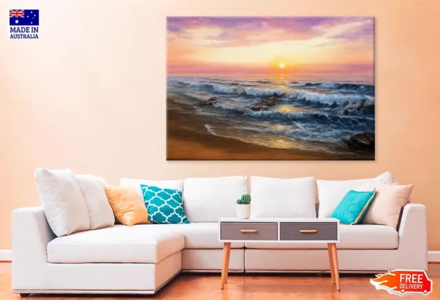Oil Painting Of Sunset & Beach Wall Canvas Home Decor Australian Made Quality