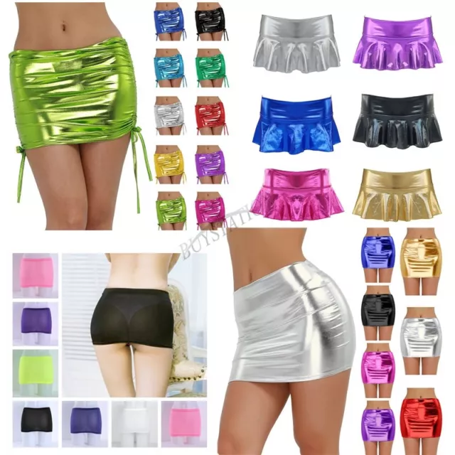 Sexy Women's Mini Skirt Shiny Metallic Liquid Wet look Party Stretchy Clubwear