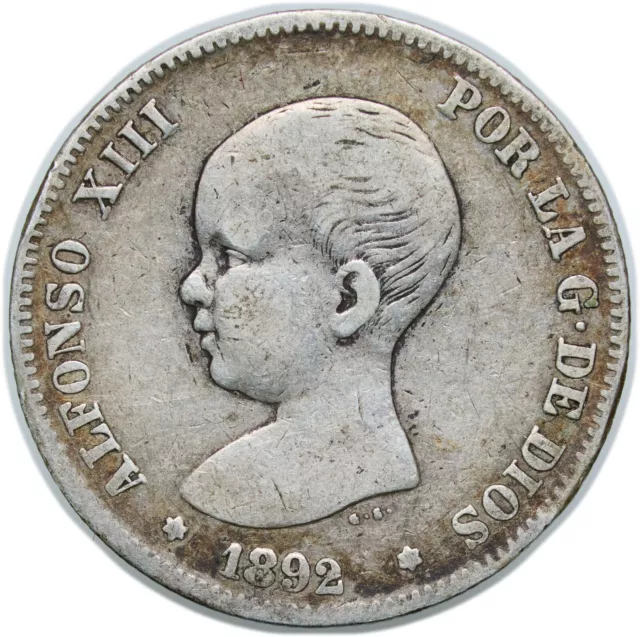 España Alfonso Xiii 1892 Pgm 2 Pesetas Moneda Plata Mbc