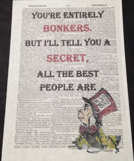 Alice in Wonderland Bonkers Quote Print Vintage Dictionary Page Picture Wall Art 2