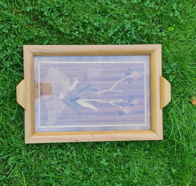 Tablett Serviertablett Holz Intarsien Einlegearbeit Glasplatte, 29x44 cm