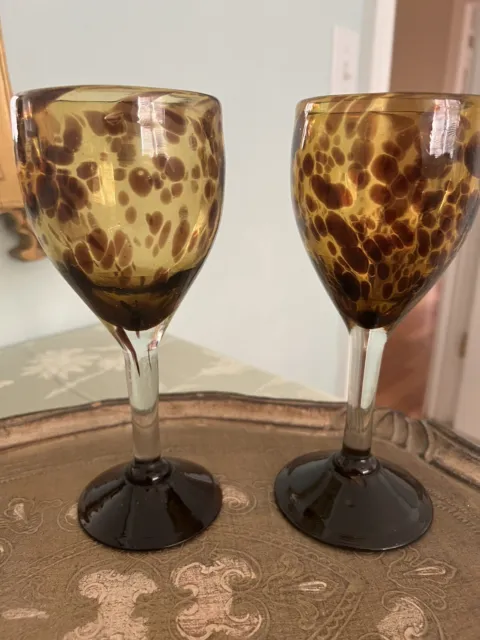 Hand Blown Art Glass Wine Goblets Amber Brown Leopard Print Or Tortoise Shell (2