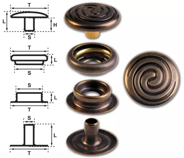 Botones de presión de resorte de anillo "F3" 15.2mm espiral celta latón antiguo (sin níquel)