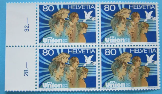 Schweiz 1991 - 100 Jahre PTT-Union - 4er Randblock - postfrisch - Mi.Nr.1454