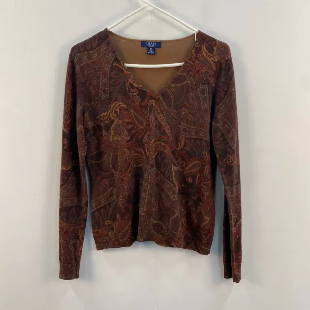 Chaps Womens Small Petite Sweater Top Pullover Knit Cotton Paisley Brown